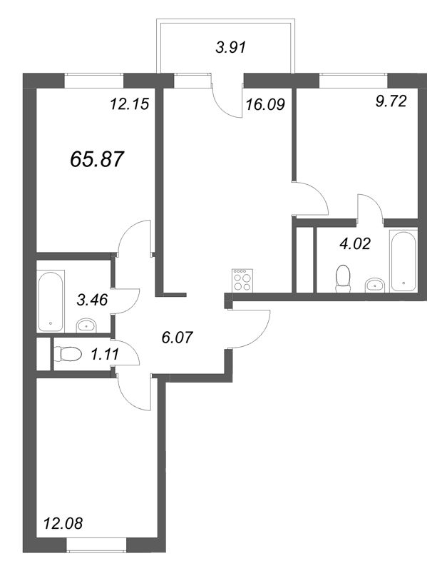 4-комнатная (Евро) квартира, 65.87 м² в ЖК "Аэросити Лайф" - планировка, фото №1