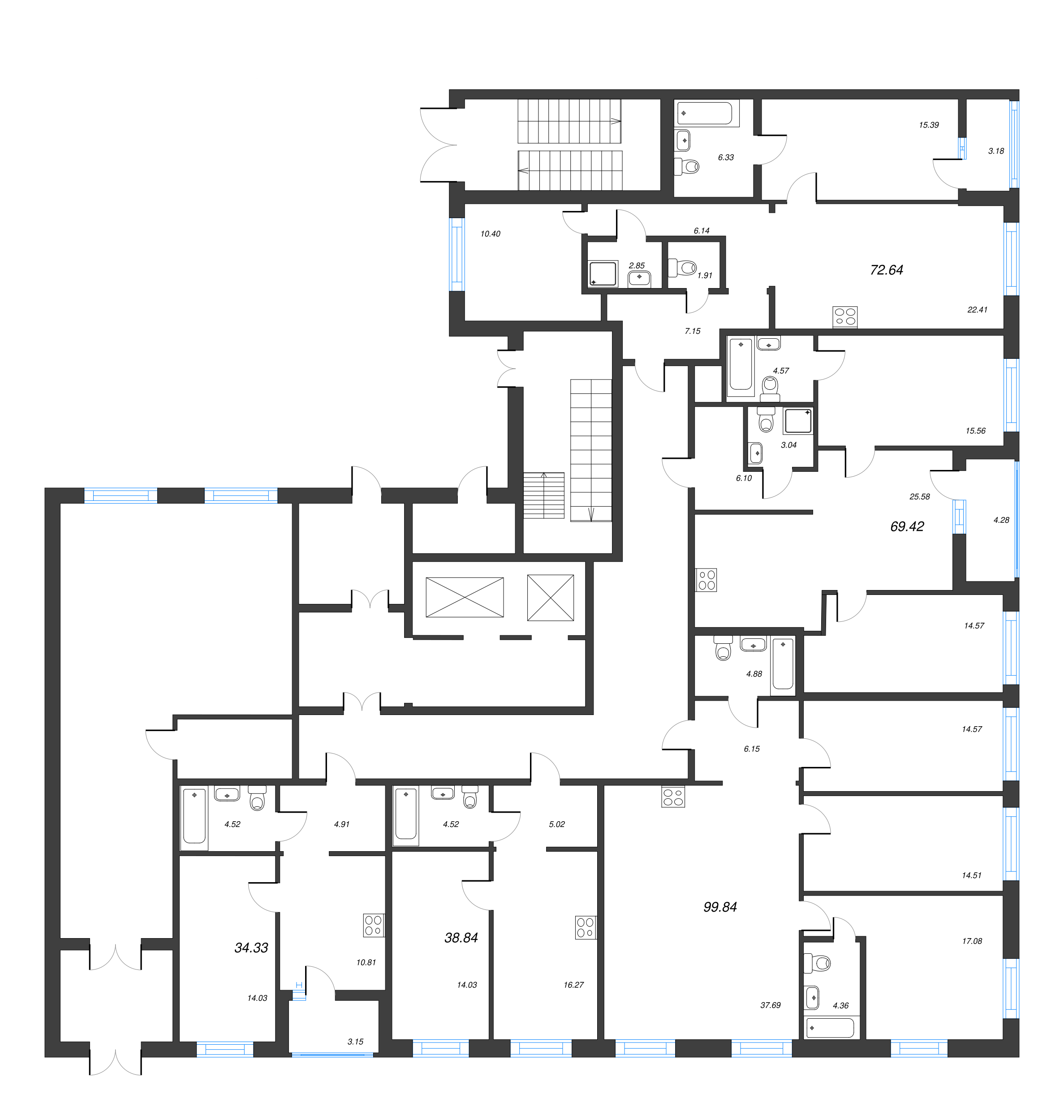 1-комнатная квартира, 34.33 м² в ЖК "Чёрная речка" - планировка этажа