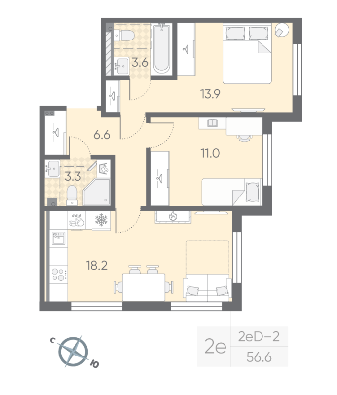 3-комнатная (Евро) квартира, 56.6 м² в ЖК "Пулково Lake" - планировка, фото №1