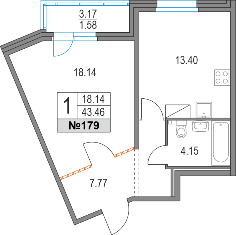 1-комнатная квартира, 43.6 м² - планировка, фото №1