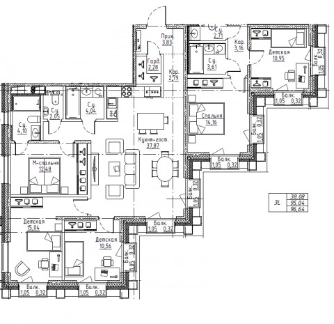 3-комнатная (Евро) квартира, 83.49 м² в ЖК "Большой Сампсониевский, 32" - планировка, фото №1