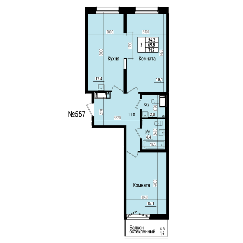 3-комнатная (Евро) квартира, 71.2 м² в ЖК "ПРАГМА СИТИ" - планировка, фото №1