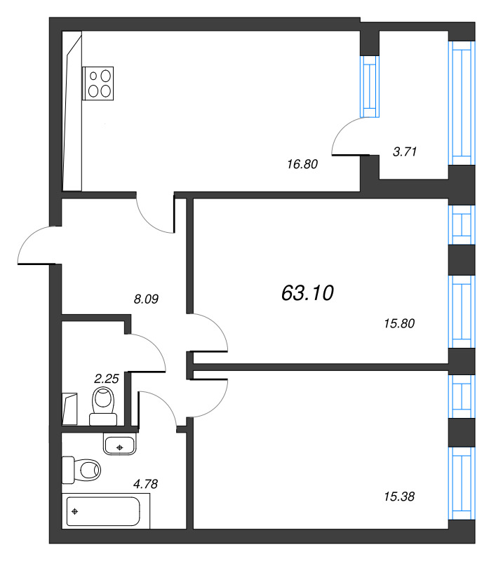 3-комнатная (Евро) квартира, 64.96 м² в ЖК "Кронфорт. Центральный" - планировка, фото №1
