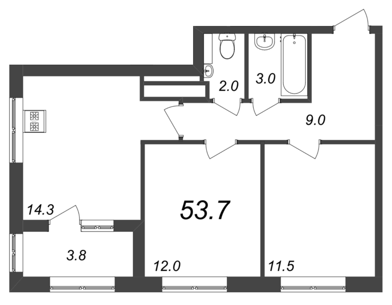 2-комнатная квартира, 53.6 м² - планировка, фото №1