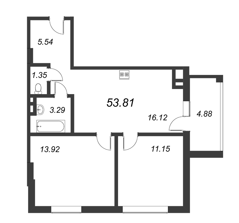 2-комнатная квартира, 53.6 м² в ЖК "WINGS апартаменты на Крыленко" - планировка, фото №1