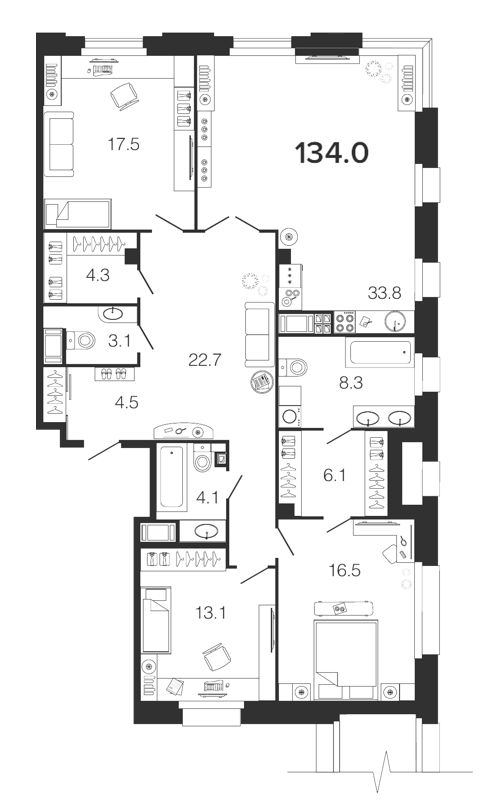 4-комнатная (Евро) квартира, 134.3 м² в ЖК "Futurist" - планировка, фото №1