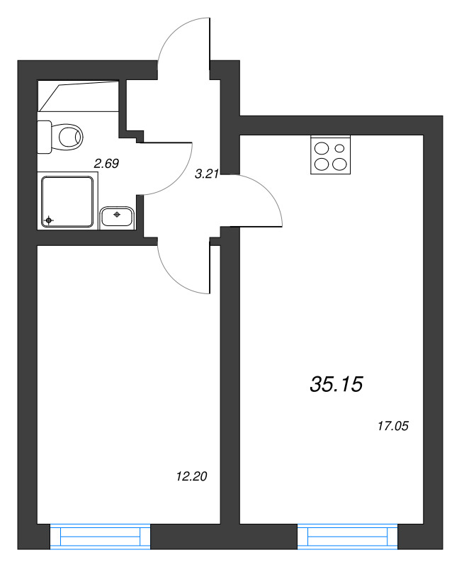 2-комнатная (Евро) квартира, 35.15 м² в ЖК "Морская миля" - планировка, фото №1