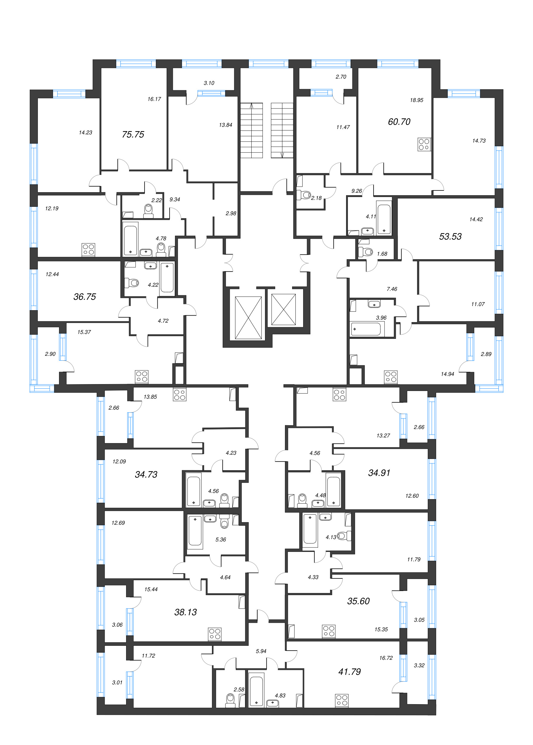 3-комнатная (Евро) квартира, 60.7 м² в ЖК "Б15" - планировка этажа