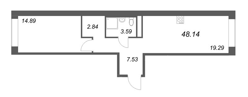 2-комнатная (Евро) квартира, 48.14 м² - планировка, фото №1