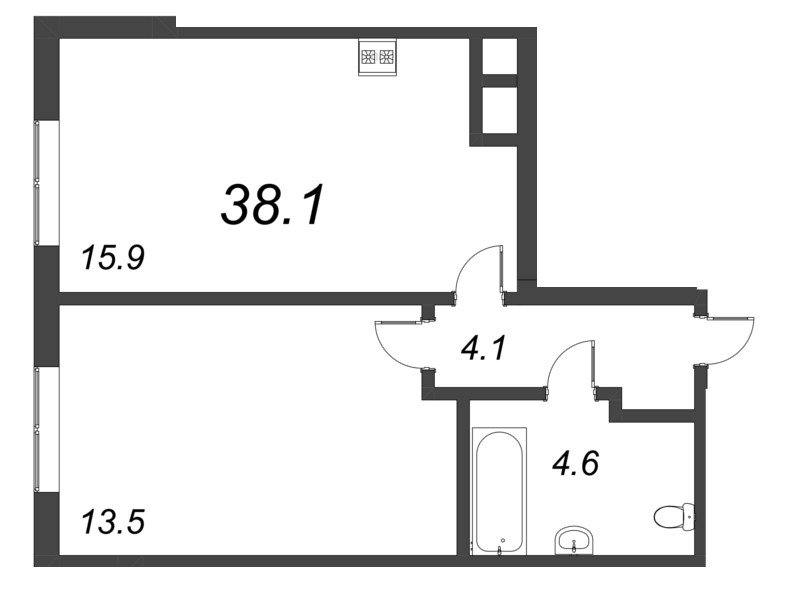 2-комнатная (Евро) квартира, 38.1 м² - планировка, фото №1