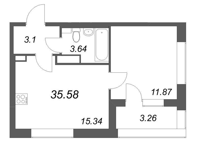 2-комнатная (Евро) квартира, 35.58 м² в ЖК "Аурум" - планировка, фото №1