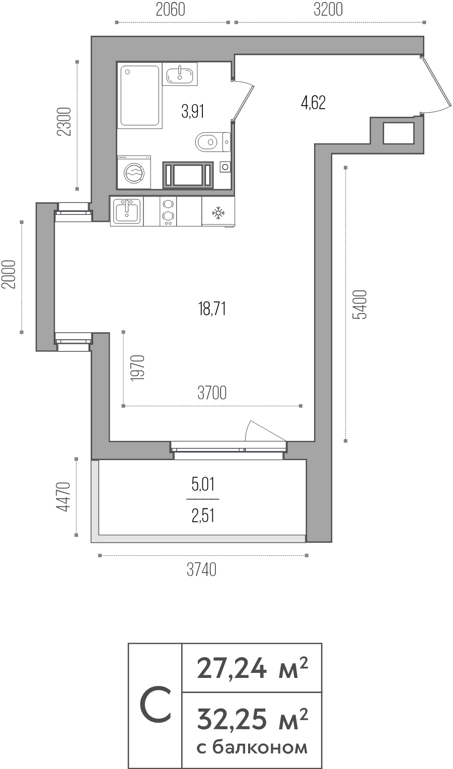 Квартира-студия, 27.24 м² - планировка, фото №1