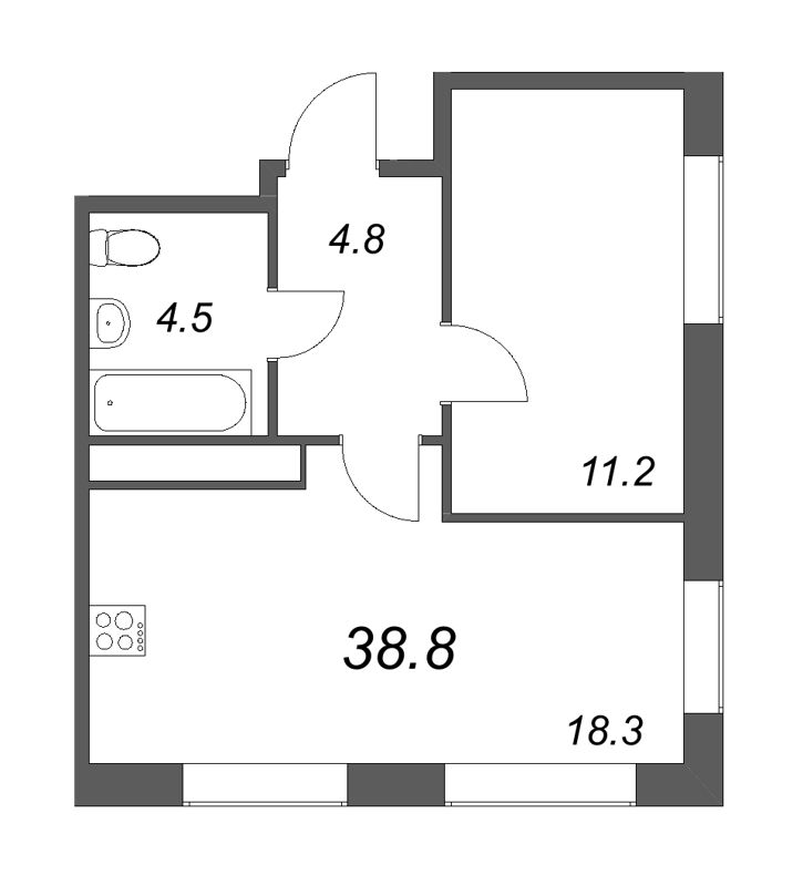 2-комнатная (Евро) квартира, 38.8 м² - планировка, фото №1