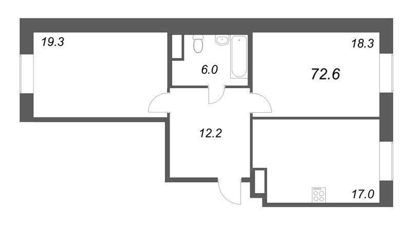 2-комнатная квартира, 72.6 м² в ЖК "Моисеенко 10" - планировка, фото №1