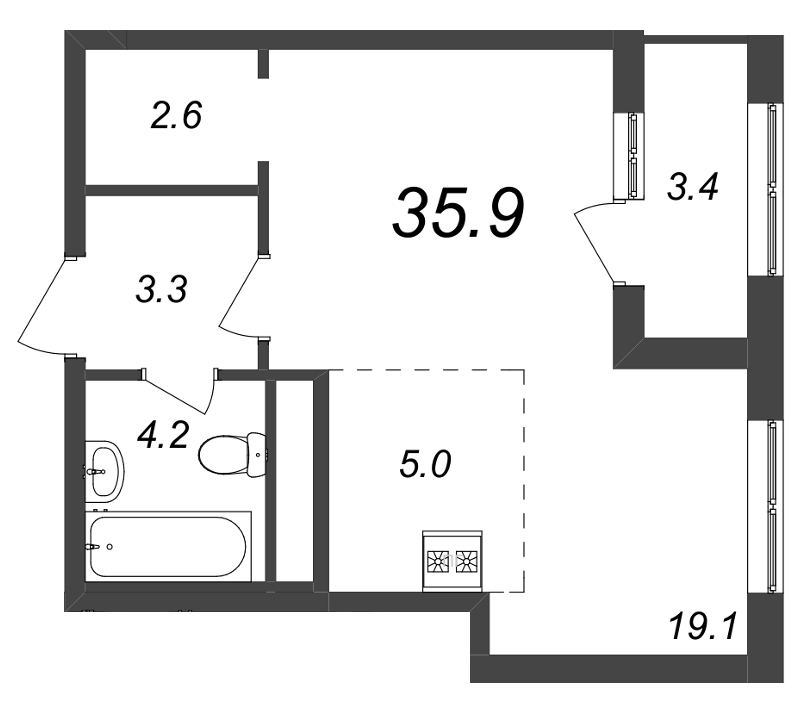 Квартира-студия, 36 м² - планировка, фото №1