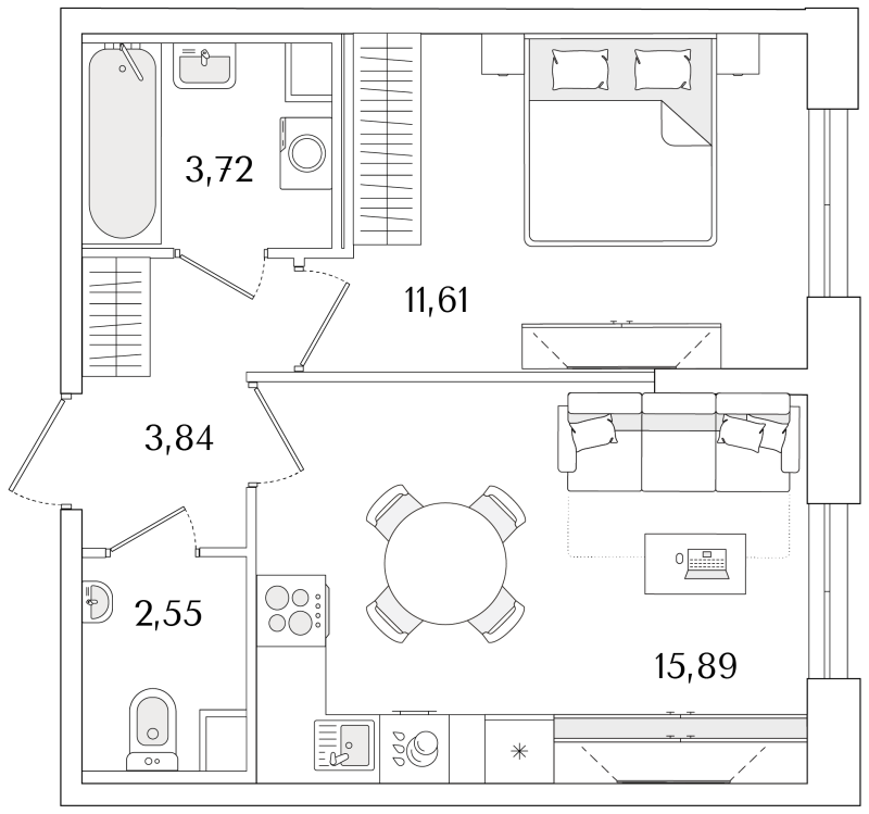 2-комнатная (Евро) квартира, 37.61 м² в ЖК "Кинопарк" - планировка, фото №1