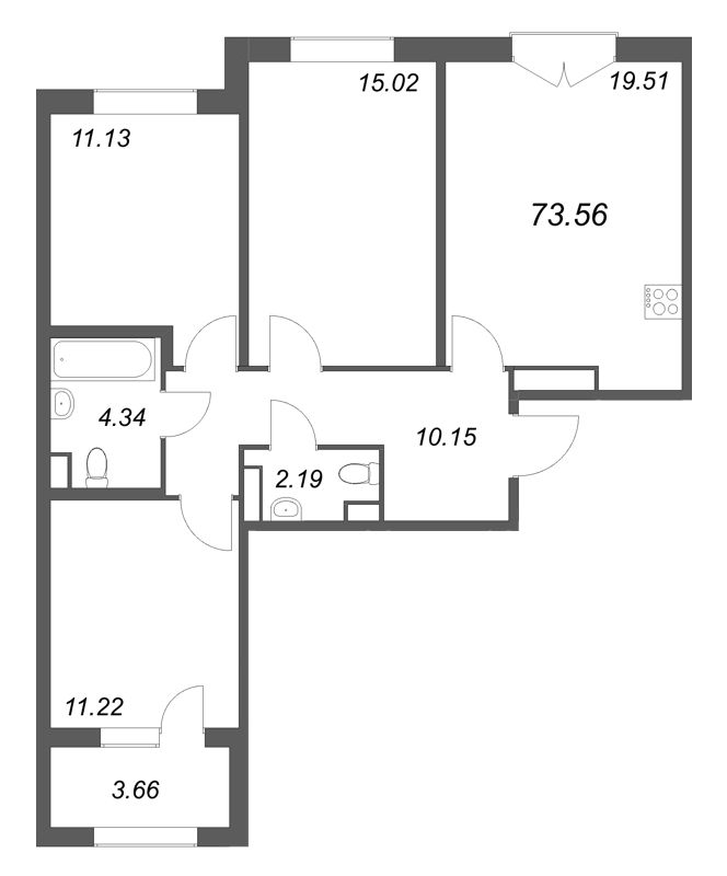 4-комнатная (Евро) квартира, 73.56 м² в ЖК "Дубровский" - планировка, фото №1