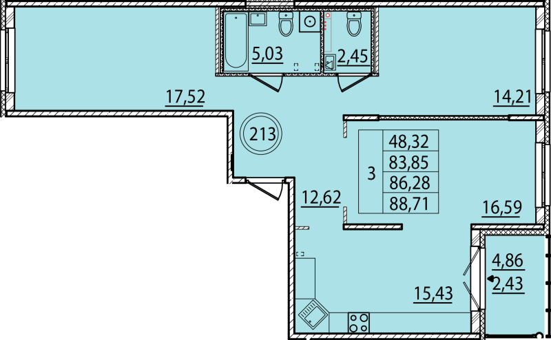 3-комнатная квартира, 83.85 м² - планировка, фото №1