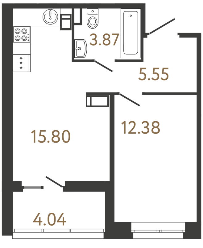2-комнатная (Евро) квартира, 37.6 м² в ЖК "Ultra City 3.0" - планировка, фото №1