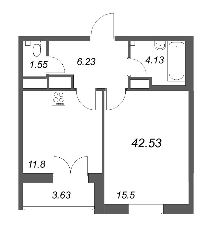 1-комнатная квартира, 42.53 м² - планировка, фото №1