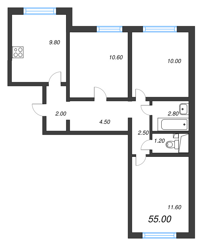 3-комнатная квартира, 55 м² - планировка, фото №1