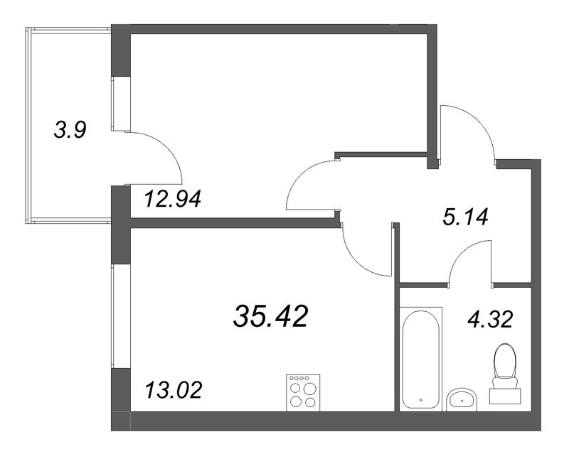 1-комнатная квартира, 35.42 м² в ЖК "Любоград" - планировка, фото №1