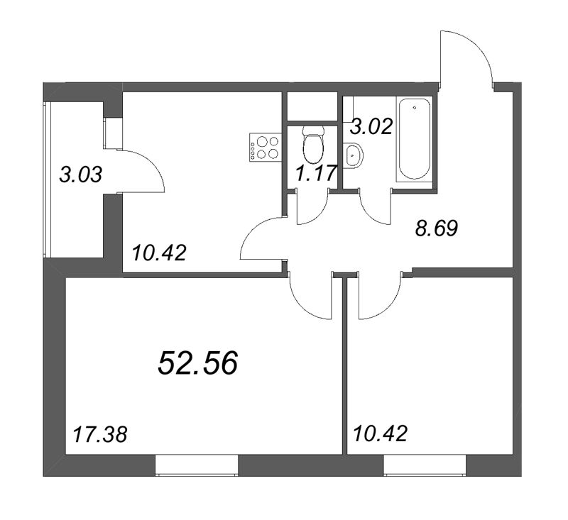2-комнатная квартира, 52.56 м² - планировка, фото №1