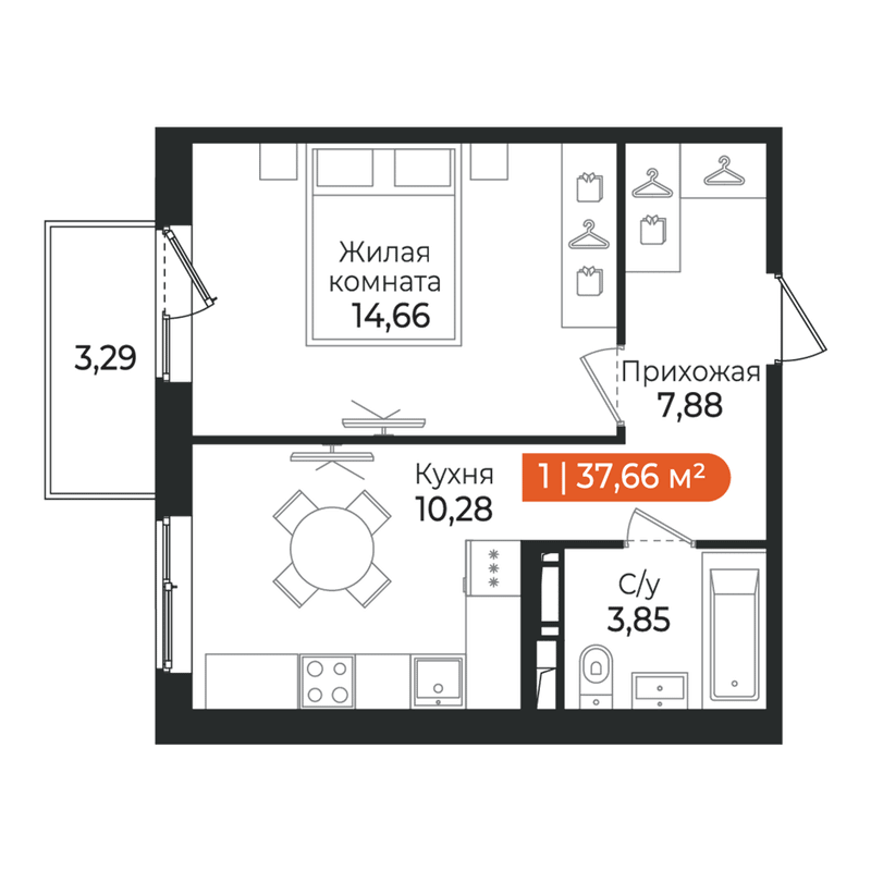 1-комнатная квартира, 37.66 м² в ЖК "Алгоритм Квинта" - планировка, фото №1