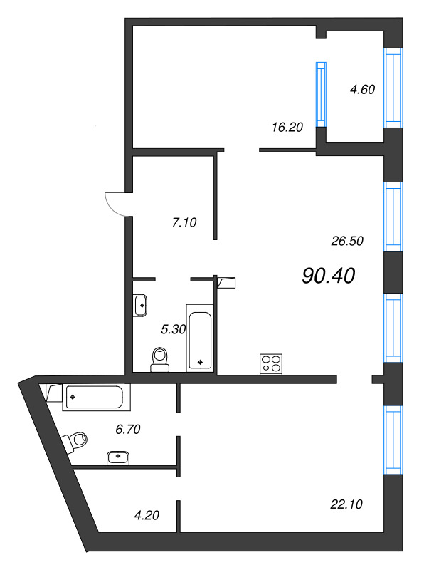 3-комнатная (Евро) квартира, 90.4 м² - планировка, фото №1