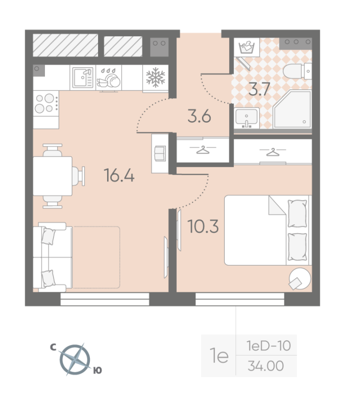 2-комнатная (Евро) квартира, 34 м² в ЖК "Пулково Lake" - планировка, фото №1