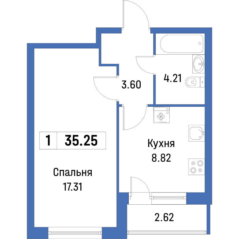 1-комнатная квартира, 35.25 м² - планировка, фото №1