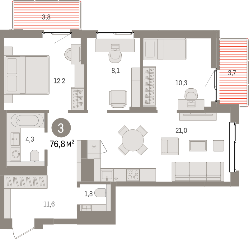 4-комнатная (Евро) квартира, 76.8 м² в ЖК "Брусника в Новоселье" - планировка, фото №1