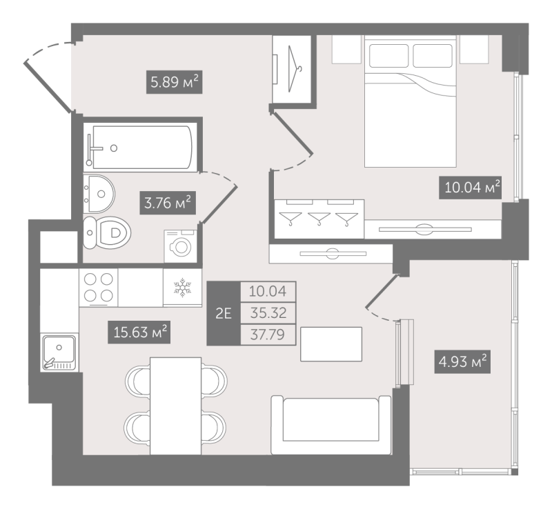 1-комнатная квартира, 37.79 м² - планировка, фото №1