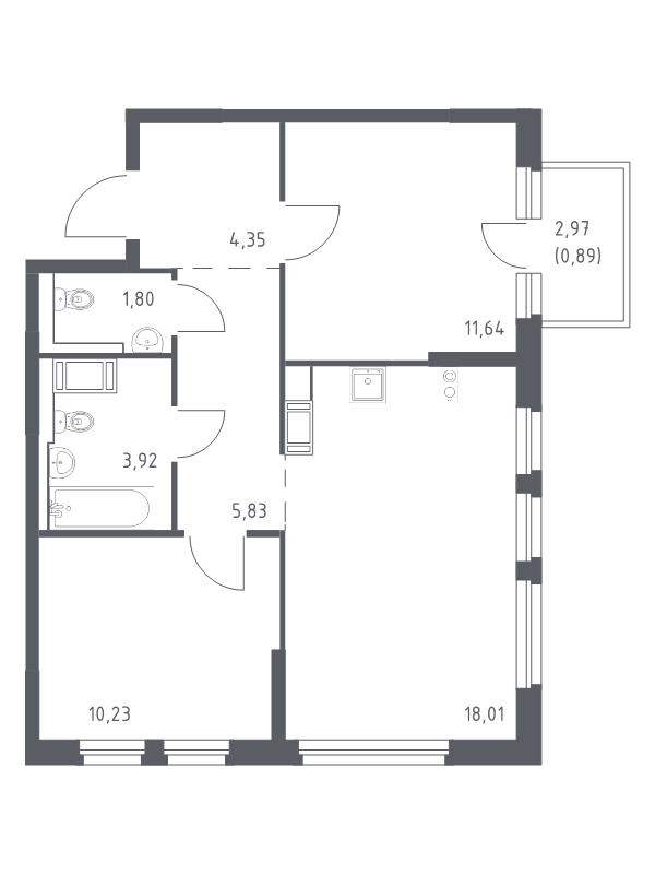 3-комнатная (Евро) квартира, 56.67 м² в ЖК "Новое Колпино" - планировка, фото №1