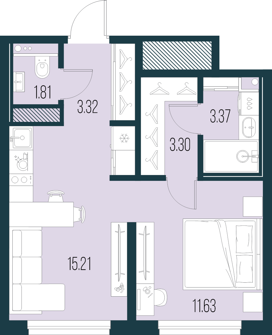 2-комнатная (Евро) квартира, 38.64 м² в ЖК "Новая Земля" - планировка, фото №1