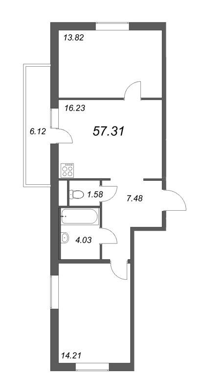 3-комнатная (Евро) квартира, 57.31 м² - планировка, фото №1