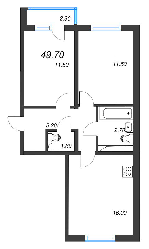 3-комнатная (Евро) квартира, 49.7 м² в ЖК "ЛСР. Ржевский парк" - планировка, фото №1