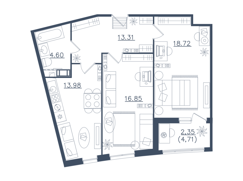 2-комнатная квартира, 69.81 м² в ЖК "Мир внутри" - планировка, фото №1