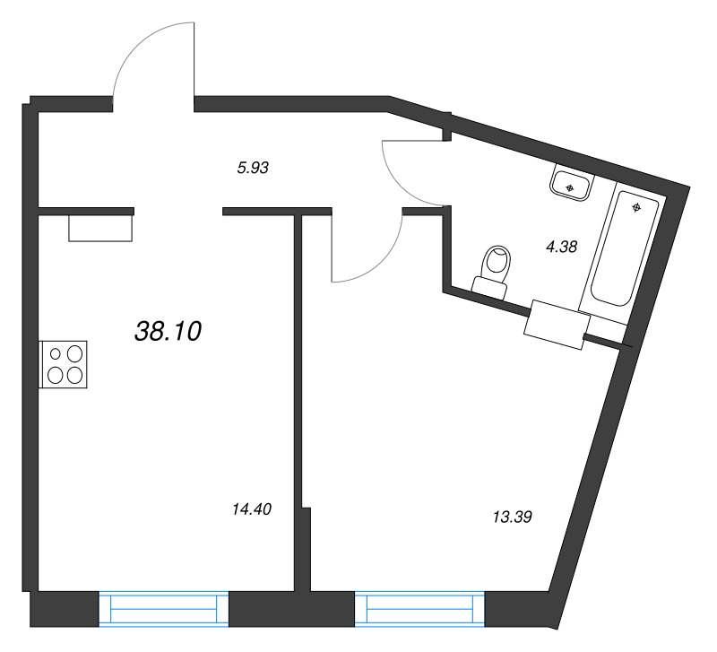 1-комнатная квартира, 38.1 м² - планировка, фото №1