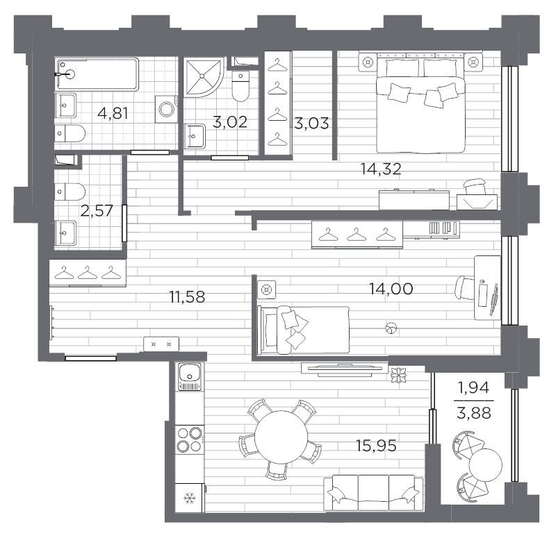 3-комнатная (Евро) квартира, 71.22 м² в ЖК "Ассамблея" - планировка, фото №1