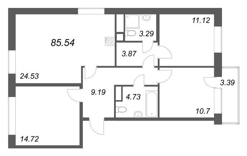 4-комнатная (Евро) квартира, 85.54 м² в ЖК "Соло. Петергоф" - планировка, фото №1