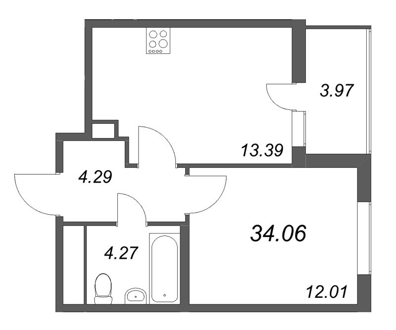 1-комнатная квартира, 34.06 м² - планировка, фото №1