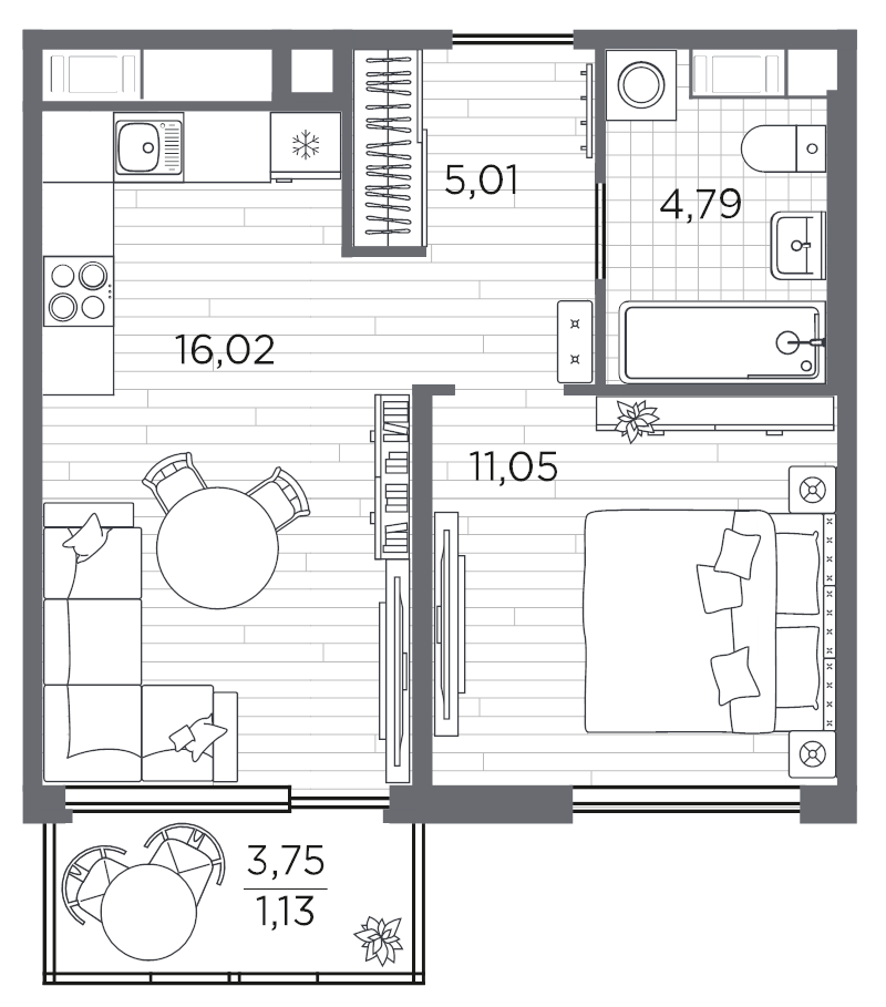 2-комнатная (Евро) квартира, 38 м² в ЖК "PLUS Пулковский" - планировка, фото №1