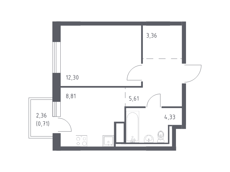 1-комнатная квартира, 35.12 м² - планировка, фото №1
