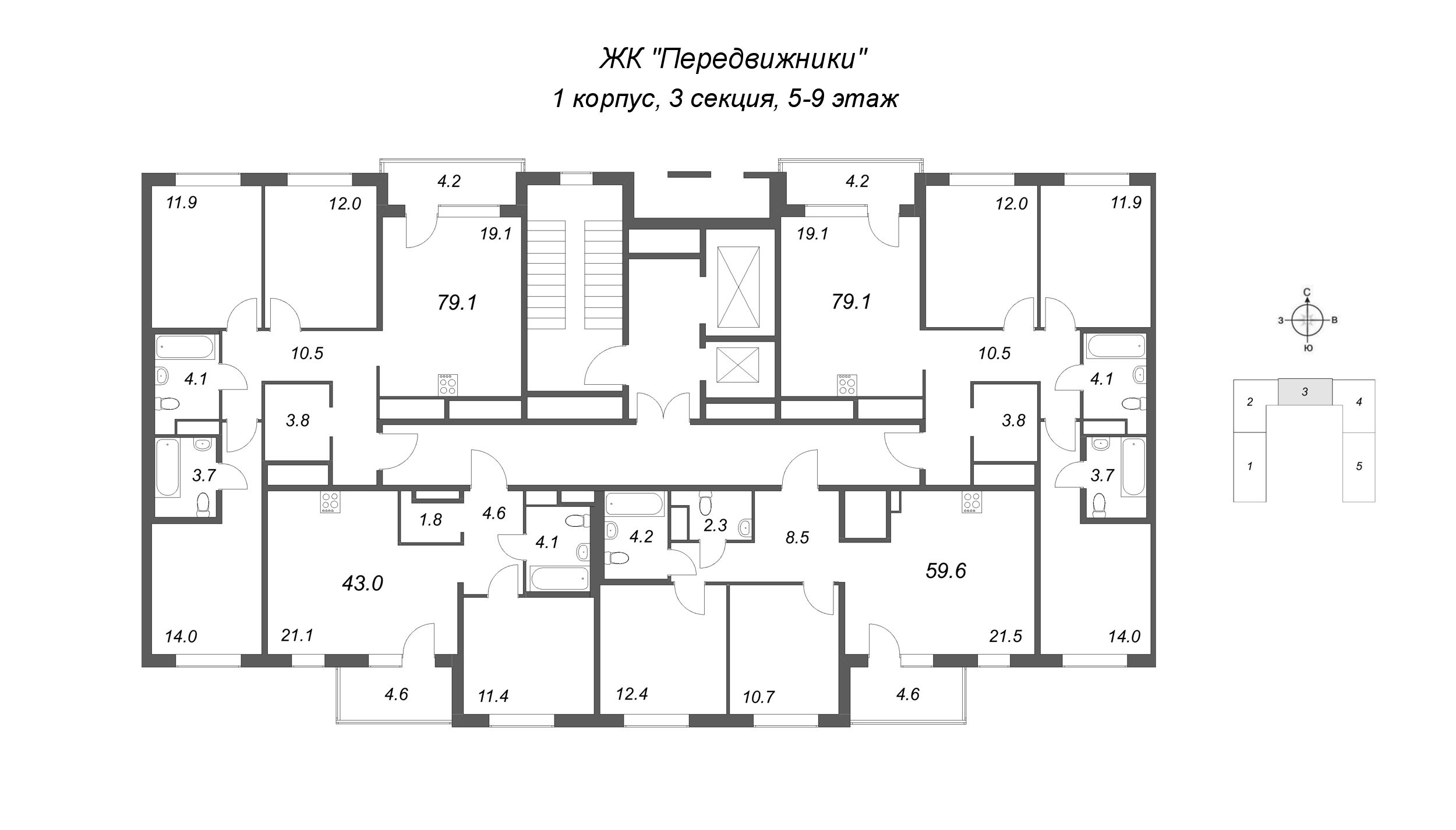 2-комнатная (Евро) квартира, 43 м² в ЖК "Передвижники" - планировка этажа