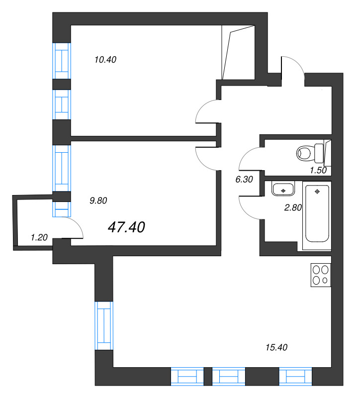 3-комнатная (Евро) квартира, 46.6 м² в ЖК "Эко Квартал Нега" - планировка, фото №1
