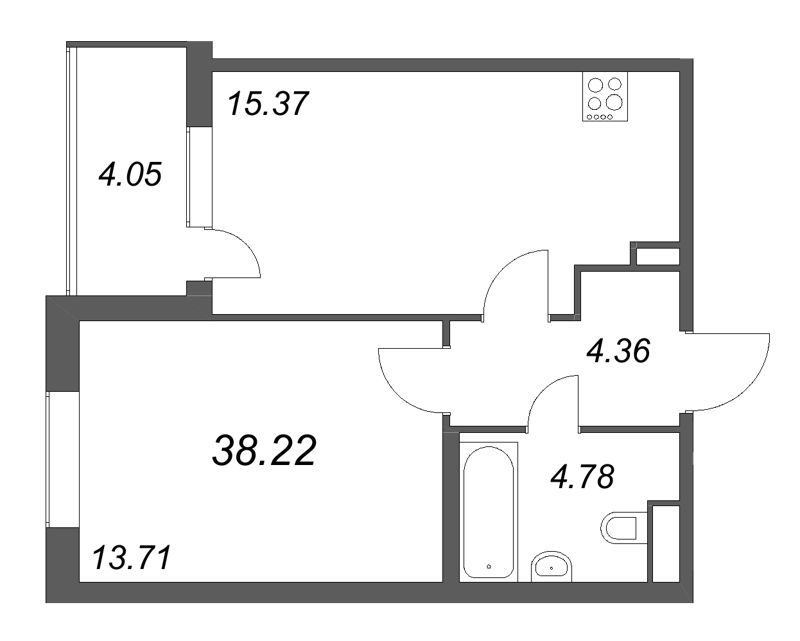 2-комнатная (Евро) квартира, 38.22 м² в ЖК "ЮгТаун" - планировка, фото №1