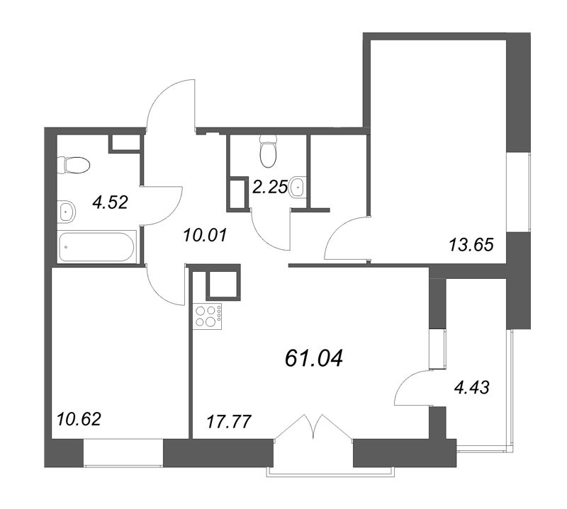 3-комнатная (Евро) квартира, 61.04 м² - планировка, фото №1