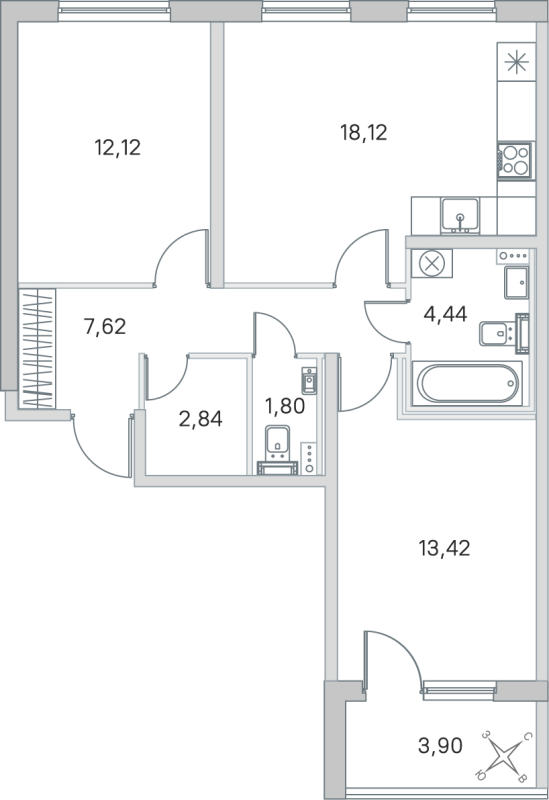 3-комнатная (Евро) квартира, 60.36 м² в ЖК "Любоград" - планировка, фото №1