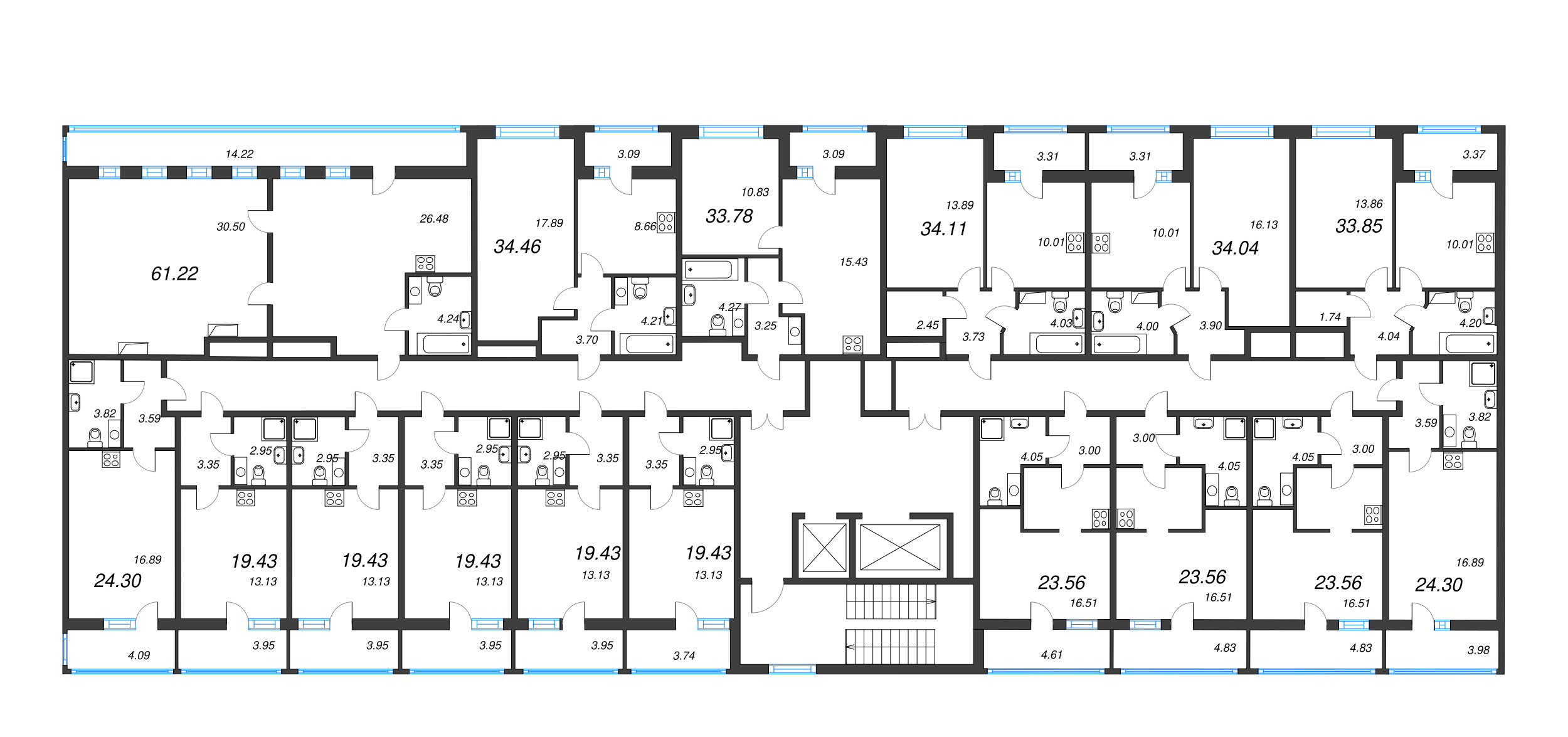 3-комнатная (Евро) квартира, 61.22 м² - планировка этажа